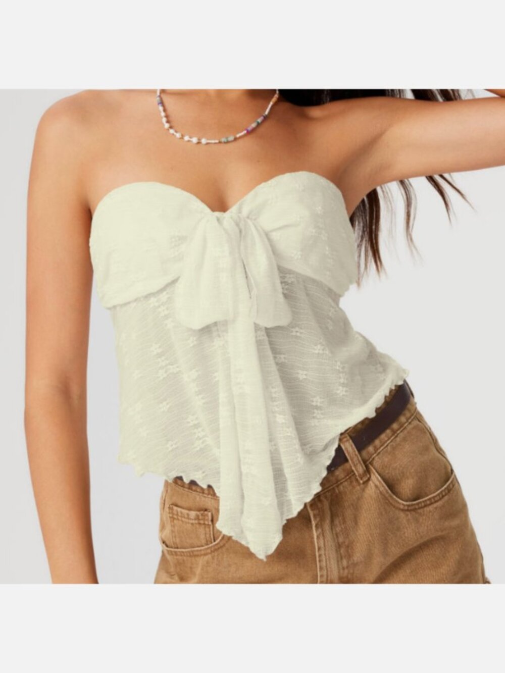 Cider Semi-Sheer Lace Strapless Top - Ivory - Size XS